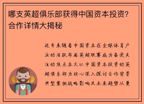 哪支英超俱乐部获得中国资本投资？合作详情大揭秘