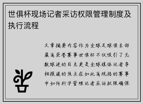 世俱杯现场记者采访权限管理制度及执行流程